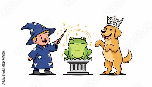 Young Wizard Boy Casting Spell on Frog Prince with Golden Retriever Dog.