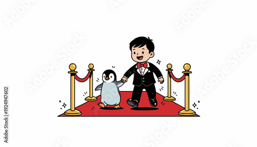 A happy penguin and a boy in a tuxedo walking together on a red carpet.