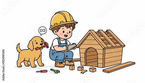 Little boy building a wooden doghouse with his golden retriever puppy helper.