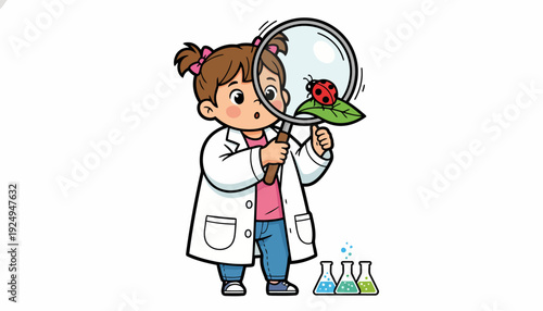 Young Girl Scientist Exploring Ladybug with Magnifying Glass.