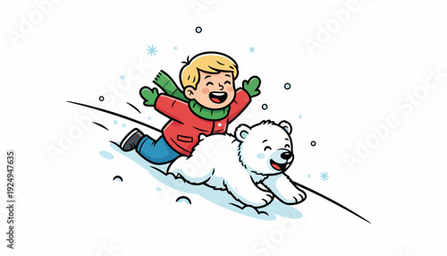 Happy Boy Riding Polar Bear Down Snowy Hill Winter Fun.