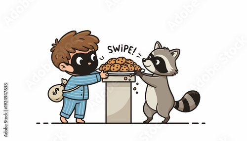 Cartoon boy and raccoon stealing cookies from a jar, funny illustration.