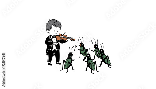 Young boy playing violin for dancing crickets musical performance.