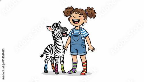Happy girl laughing with a cheerful baby zebra illustration.
