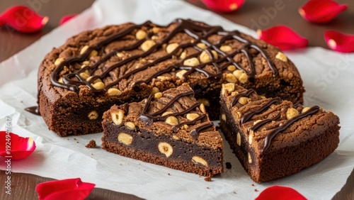 Decadent chocolate hazelnut brownie cake, partially sliced and drizzled with chocolate sauce, served on parchment paper with scattered red rose petals