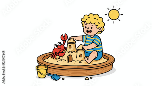 Happy Child Playing in Sandbox Building Sandcastle with Crab Friend.