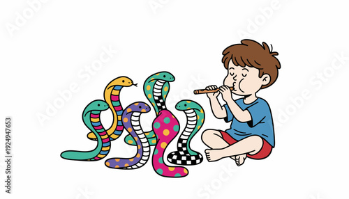 Young boy playing flute charming colorful snakes.