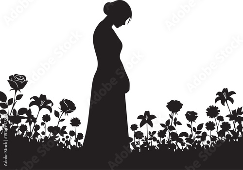 Sad woman standing in flower field silhouette vector for mourning and sorrow illustration