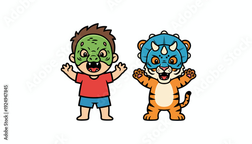 Two Adorable Children in Playful Animal Costumes Posing Happily.