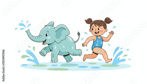 Happy girl and playful elephant splashing water together.