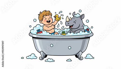 Happy Boy and Friendly Rhinoceros Enjoying a Bubble Bath Together.