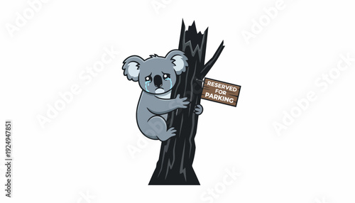 Cute Koala Climbing a Tree with a Welcome Sign.