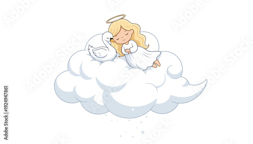 Sweet Angel Child Sleeping Peacefully on a Fluffy Cloud with a Swan.