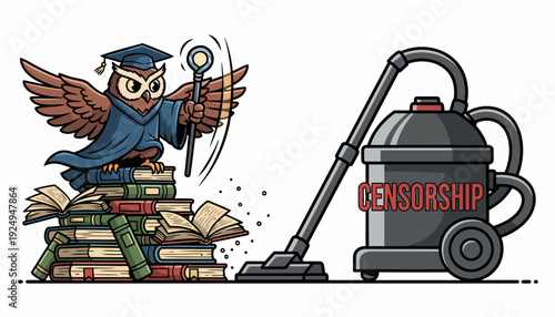 Wise owl protecting knowledge from censorship vacuum cleaner.