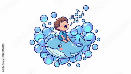 Happy Child Riding on a Cute Whale Singing with Musical Notes and Bubbles.
