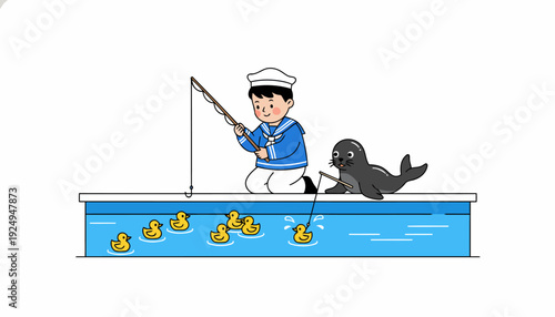 Young Sailor Boy Fishing for Rubber Ducks with a Seal Friend.