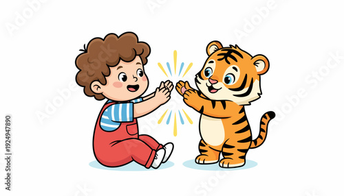 Happy Child Playing with Friendly Tiger Cub Illustration.