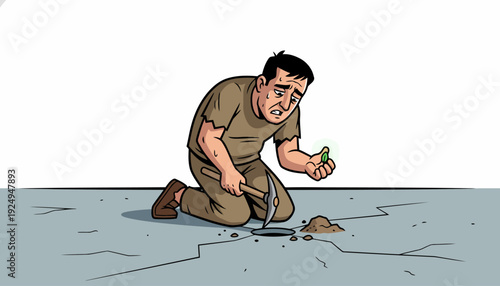 Frustrated Man Digging for Treasure with Small Pickaxe.