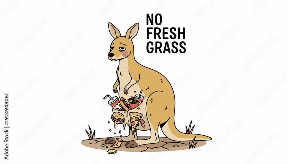 Obraz premium Humorous Kangaroo with Fast Food in Pouch and No Fresh Grass Text.