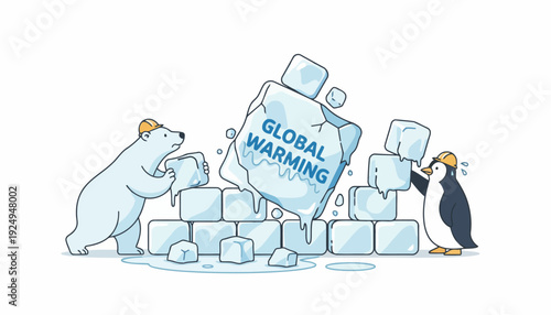 Polar Bear and Penguin Building Ice Wall Against Global Warming.