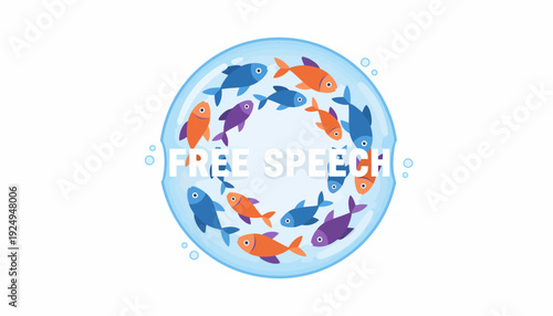 Free Speech Concept with Colorful Fish Swimming in a Bubble.