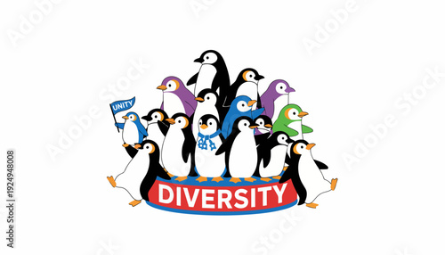 Diverse Group of Penguins Standing Together Representing Unity and Inclusion.