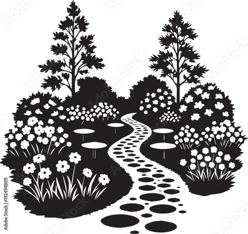 Silhouette illustration of garden path with trees and flowers vector