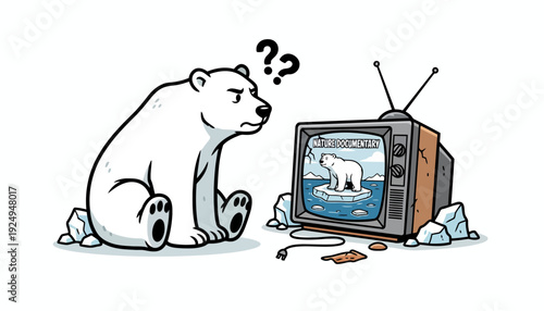 Confused Polar Bear Watching Itself on a Retro Television Set.