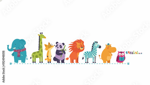 Adorable cartoon animals standing in a line, perfect for childrens designs.