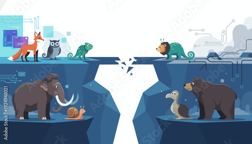 Diverse Cartoon Animals Divided by a Broken Bridge Gap.