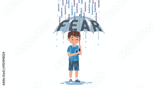 Sad Boy Under Umbrella with Fear Word Rain.