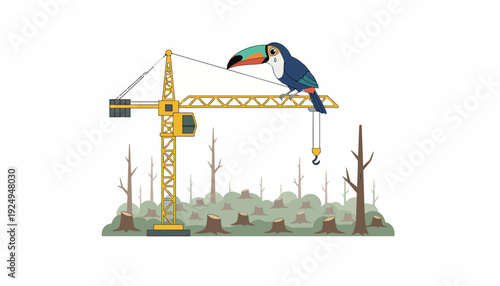 Toucan perched on a construction crane in a deforested landscape.