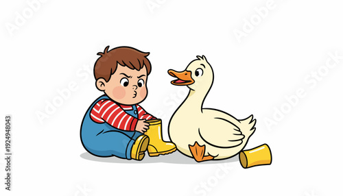 Little boy looking angrily at a white duck wearing yellow boots.