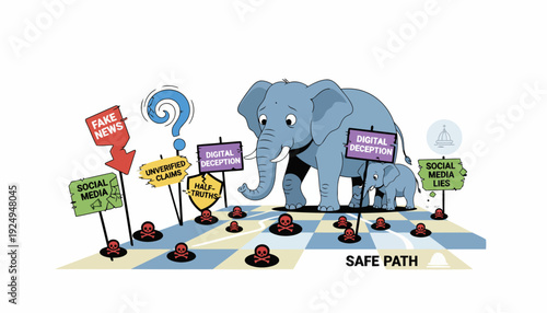 Elephant and calf navigating a path with various signs and obstacles.