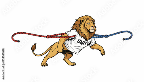 Majestic Lion Wearing Unity T-Shirt Pulling Ropes Symbolizing Strength.