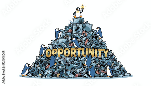 Penguin King on Mountain of Trash with Opportunity Sign.