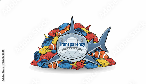 Transparency Shark Devouring Small Fish Illustrates Business Ethics Concept.