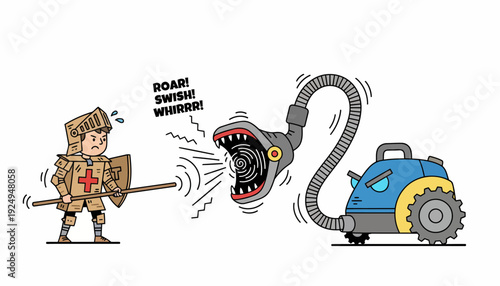 Brave Knight Confronts Roaring Vacuum Cleaner Monster in Epic Battle.