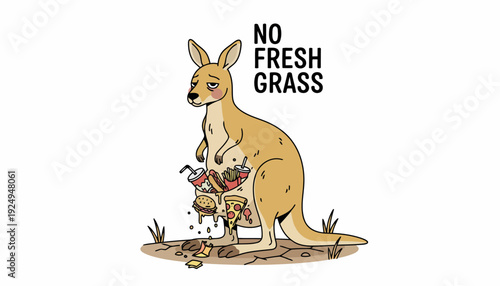 Humorous Kangaroo with Fast Food in Pouch and No Fresh Grass Text.