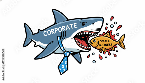 Corporate Shark Eating Small Business Fish Metaphor.