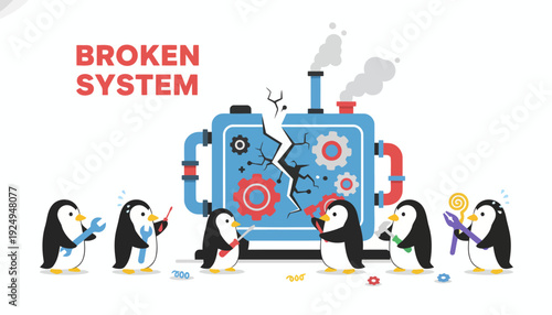 Penguins fixing a broken system, illustrating repair and maintenance of technology.