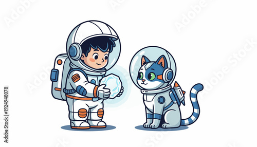 Astronaut boy and space cat wearing helmets in cartoon illustration.