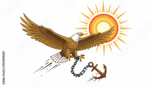 Majestic Bald Eagle Flying with Anchor and Sun Illustration.