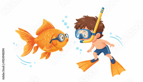 Young boy snorkeling underwater meeting a friendly goldfish wearing glasses.