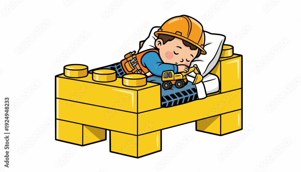 Fototapeta premium Little Construction Worker Sleeping Peacefully in a Lego Bed.