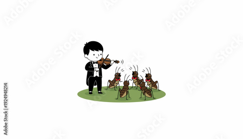 Young violinist playing for an audience of crickets on a small green patch.