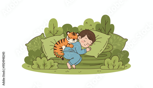 Cute child sleeping peacefully with a friendly tiger cub on soft pillows.