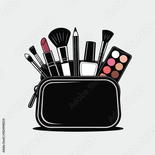 Elegant makeup pouch filled with various beauty essentials and tools isolated on white background, Vector, illustration