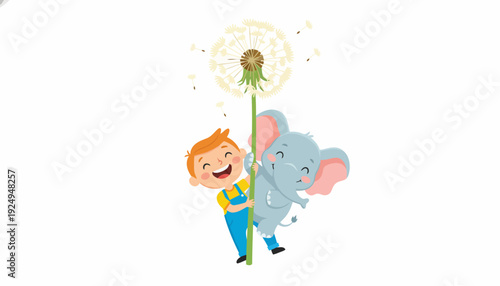 Happy Boy and Cute Elephant Holding a Giant Dandelion Flower Together.