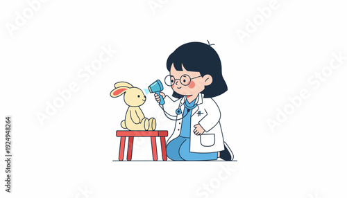 Young Girl Doctor Examining Toy Bunny with Stethoscope.